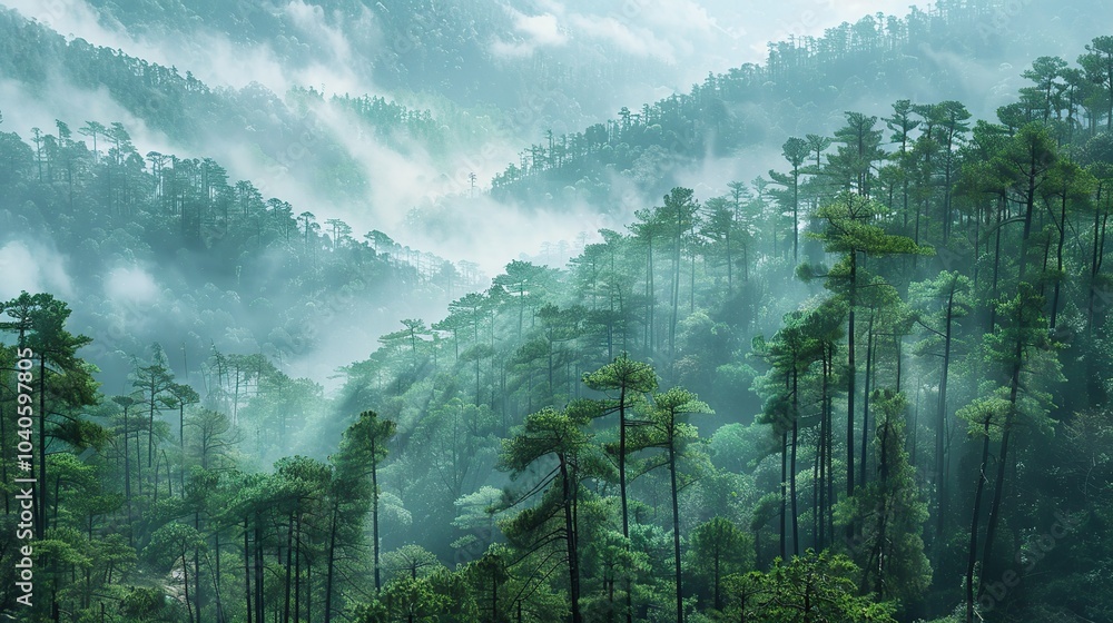 Poster a dense forest in the lower himalayas with towering pine trees and mist rolling through the landscap