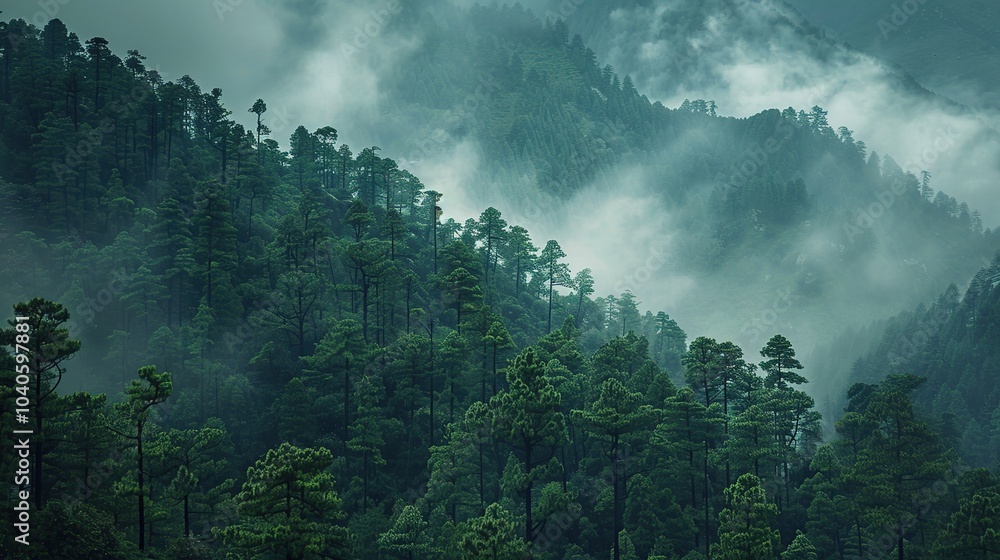 Poster a dense forest in the lower himalayas with towering pine trees and mist rolling through the landscap