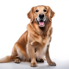 Golden Retriever dog sitting on a white background, looking happy and friendly with a wagging tail