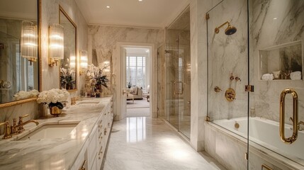 A luxurious bathroom with marble countertops, brass accents, and a large walk-in shower.