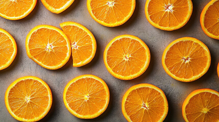 Bright and vibrant orange slices arranged beautifully on a surface, showcasing freshness and color