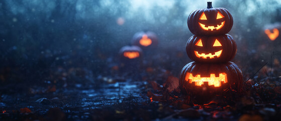 Obraz premium Stack of JackoLanterns in a Spooky Forest Setting for Halloween