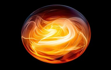 An abstract glowing orb with swirling golden and orange light patterns set against a dark background