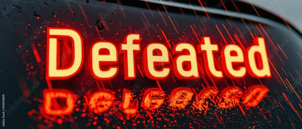Poster a close-up of the word 'defeated' illuminated in red against a dark background with raindrops.