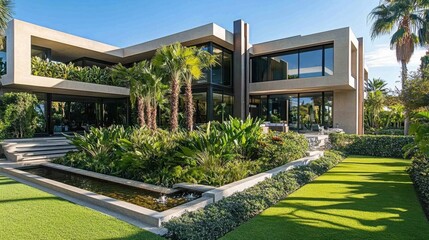 Fototapeta premium A luxurious modern home with a large garden filled with exotic plants, a water fountain, and a green lawn.