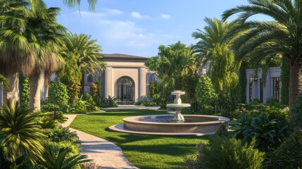 Fototapeta premium A luxurious modern home with a large garden filled with exotic plants, a water fountain, and a green lawn.