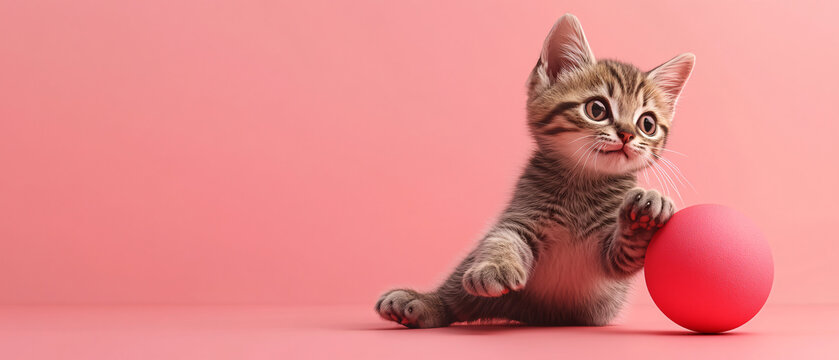 Adorable Kitten Playing with Red Ball on Pink Background
