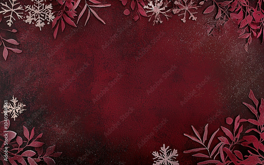 Poster decorative red background with white snowflakes and botanical elements creating a festive winter atm