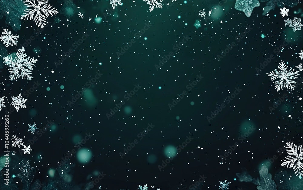 Poster snowflakes gently falling in a winter wonderland with a dark green background filled with sparkling 
