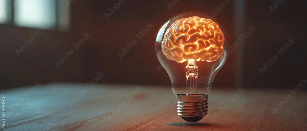 Poster illuminated brain inside a light bulb a metaphor for ideas and innovation, illuminated brain inside 