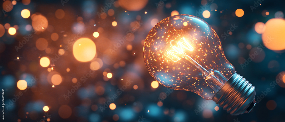 Poster glowing light bulb with sparkles and bokeh background illumination and inspiration, glowing light bu