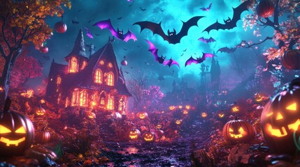 Obraz premium A magical Halloween scene with colorful bats flying over a glowing witch's house, surrounded by bright pumpkins and neon lights.