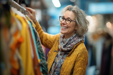 Obraz premium Joyful woman exploring colorful racks in a boutique during her afternoon shopping trip