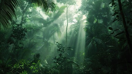 Fototapeta premium A dense, mist-covered section of the Amazon Rainforest with towering trees and thick foliage. Sunlight filters through the canopy, casting a magical glow on the forest floor