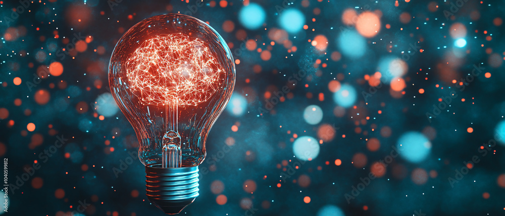Poster glowing light bulb with brain inside conceptual abstract design