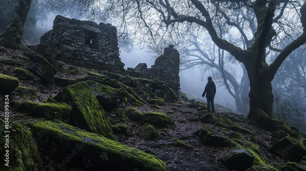 Poster a person exploring ancient ruins in a misty forest with moss-covered stones and ancient trees, repre