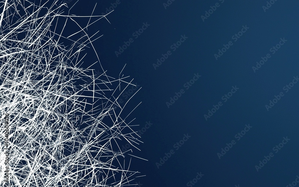 Poster abstract white lines and shapes create a striking pattern against a deep blue background, showcasing