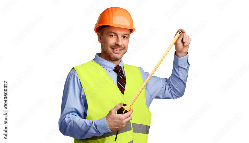 Aufkleber builder worker holding measuring tape tool smiling to camera posing standing over white studio backg
