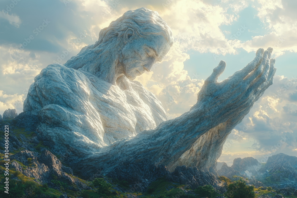 Poster a divine figure shaping a mountain range with their hands, representing the creation of the earth. c