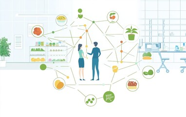 Illustration of people discussing food sustainability in a modern kitchen environment with interconnected concepts