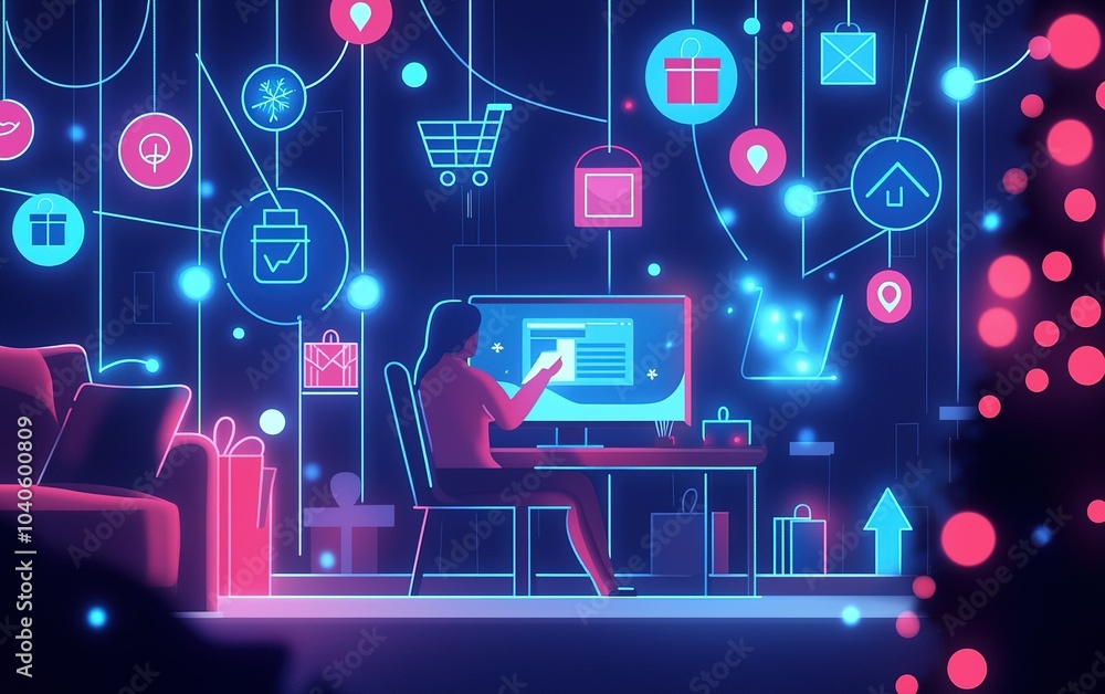 Aufkleber a person interacts with a digital screen surrounded by colorful icons while working in a modern home