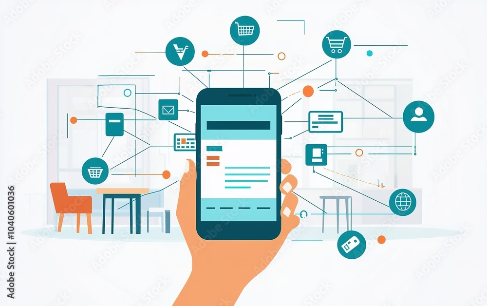 Poster hand holding a smartphone displaying shopping icons in a modern workspace environment during the day