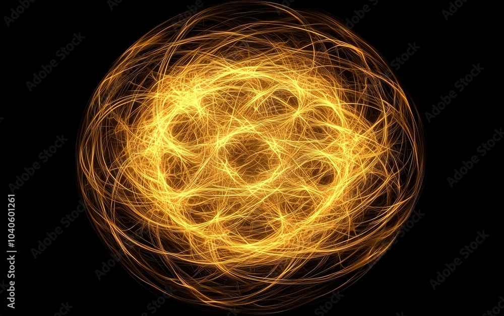 Poster swirling golden energy design with dynamic lines creating a vibrant circular pattern against a dark 