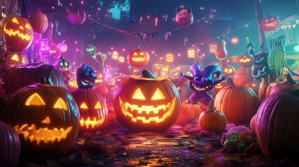 A neon-lit pumpkin patch glowing with bright colors, surrounded by friendly monsters and vibrant jack-o-lanterns.