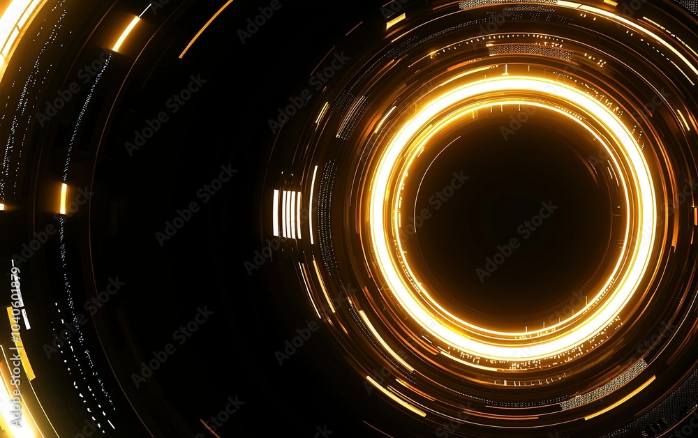 Poster circular pattern of glowing golden light against a dark background, creating a dynamic visual effect