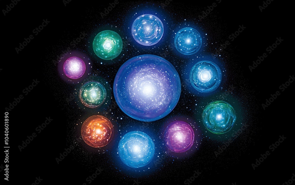 Aufkleber colorful cosmic orbs illuminating the dark void of space with stars and galaxies, creating a mesmeri