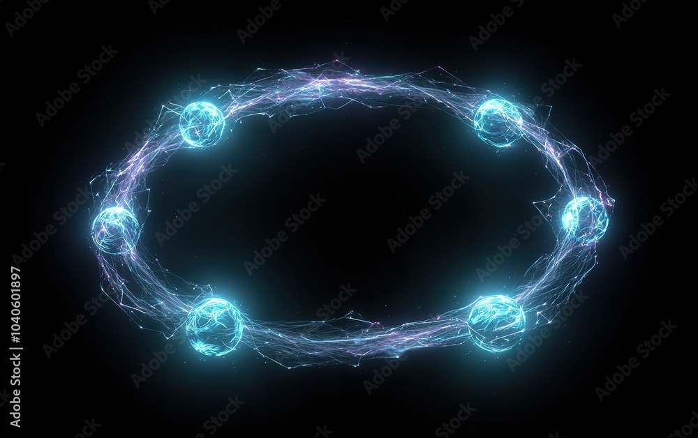 Poster a glowing circular design with luminous orbs connected by shimmering light energy in a dark backgrou