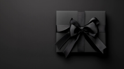 A gift wrapped in black paper and satin bow on solid matching background Christmas anniversary wedding engagement gift present