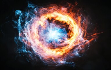 Vibrant swirling energy in fiery orange and icy blue, creating a cosmic whirlwind of light against a dark backdrop