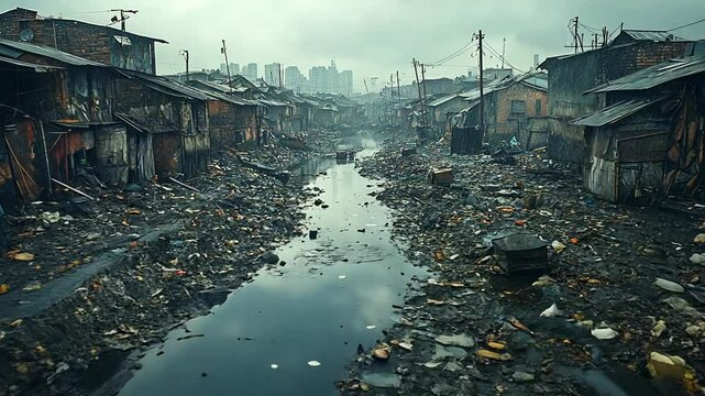 A depressing aerial view of slums with a polluted river and garbage.