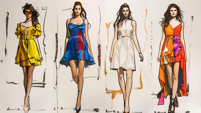 Boceto de dise&ntilde;o de moda con figurines y ropa colorida