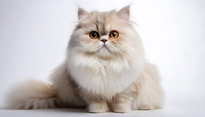 Persian cat sitting elegantly on a white background with fluffy fur and bright eyes