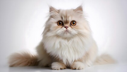 Fototapeta premium Persian cat sitting elegantly on a white background with fluffy fur and bright eyes