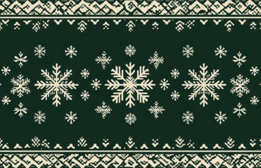 Seamless pattern of traditional Nordic fair isle design with intricate snowflakes on dark green background, perfect for winter holidays and cozy seasonal celebrations