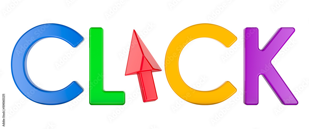 Poster click, colored inscription with cursor. 3d rendering isolated on transparent background