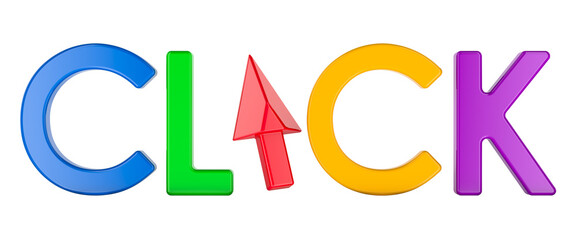 Click, colored inscription with cursor. 3D rendering isolated on transparent background