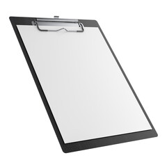 Clipboard with blank A4 paper mockup, black color. 3D rendering isolated on transparent background