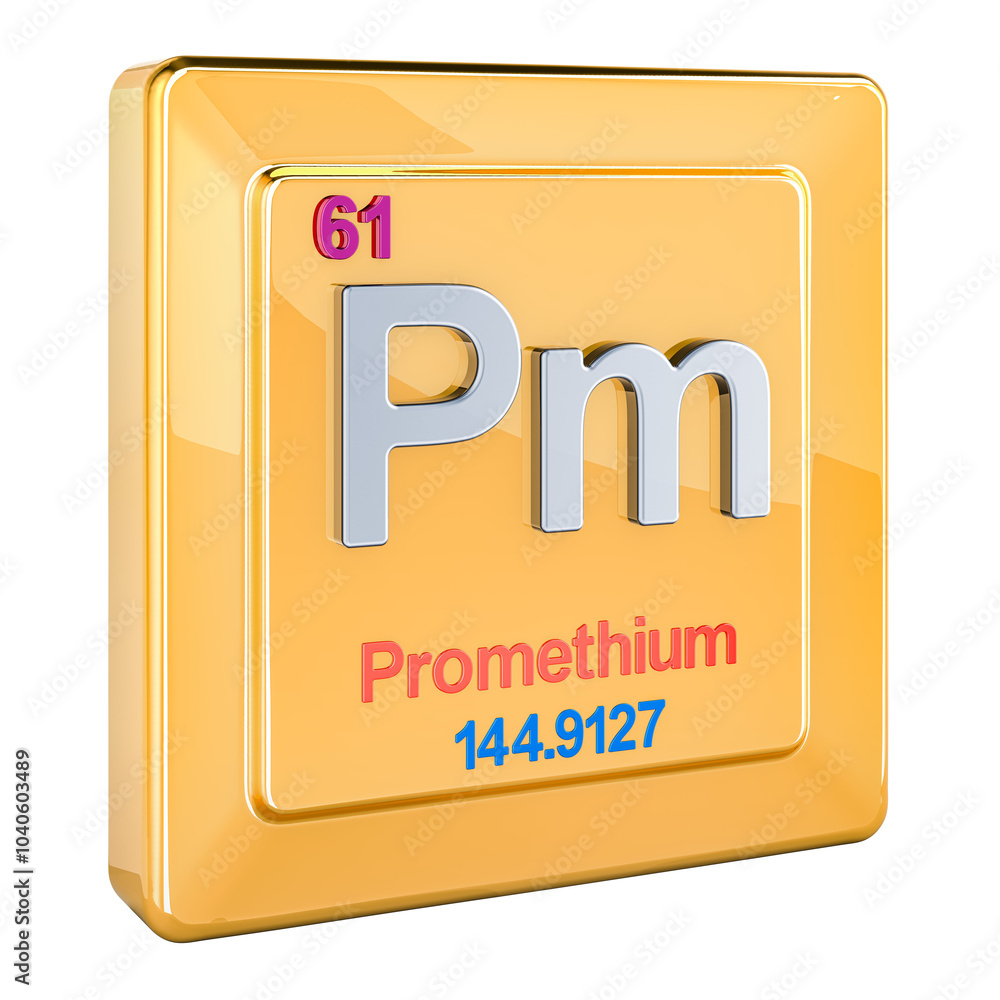 Poster promethium pm, chemical element sign with number 61 in periodic table. 3d rendering isolated on tran
