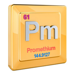 Promethium Pm, chemical element sign with number 61 in periodic table. 3D rendering isolated on transparent background