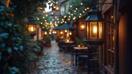 Obraz premium paved alleyway, lit by string lights and lanterns, with outdoor seating and greenery. Cozy and romantic