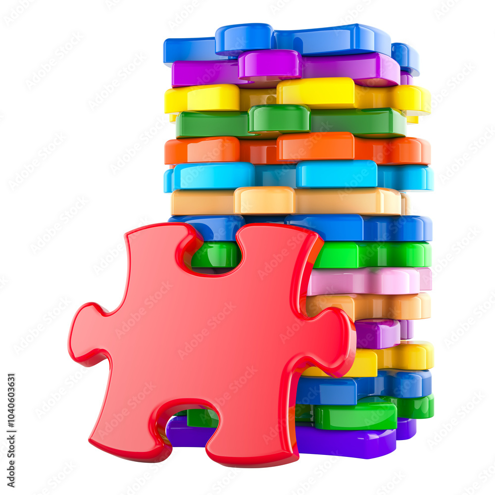 Poster stack of colored puzzles, 3d rendering isolated on transparent background