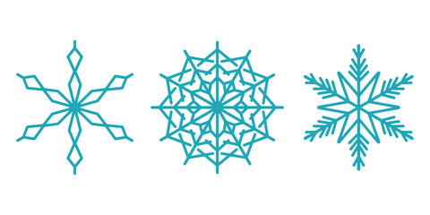 Fototapeta premium Beautiful snowflakes set, detailed hand drawn flat vector line illustration. Graphic outline drawing. Christmas and New Year symbol. Unique snowflake silhouette icon for frosty winter designs.