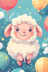 An adorable, cute cartoon sheep surrounded by colorful balloons creating a joyful scene