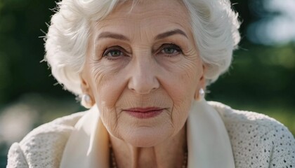 Sophisticated older French woman is in the open air. Demeanor reveals a lifetime of experiences and reflections, embodying grace and wisdom. Well-groomed woman 70 years old with grey hair. AI