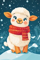 Adorable Cartoon Sheep Depicted in a Festive Winter Wonderland Scene Full of Cheerfulness