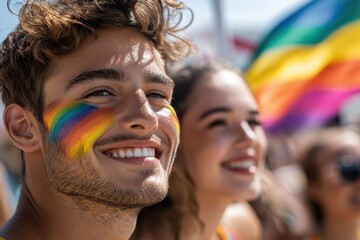 Fototapeta premium A young man, with rainbow face paint, smiles radiantly while holding a pride flag, embodying the spirit of acceptance and harmony in a sunny setting.